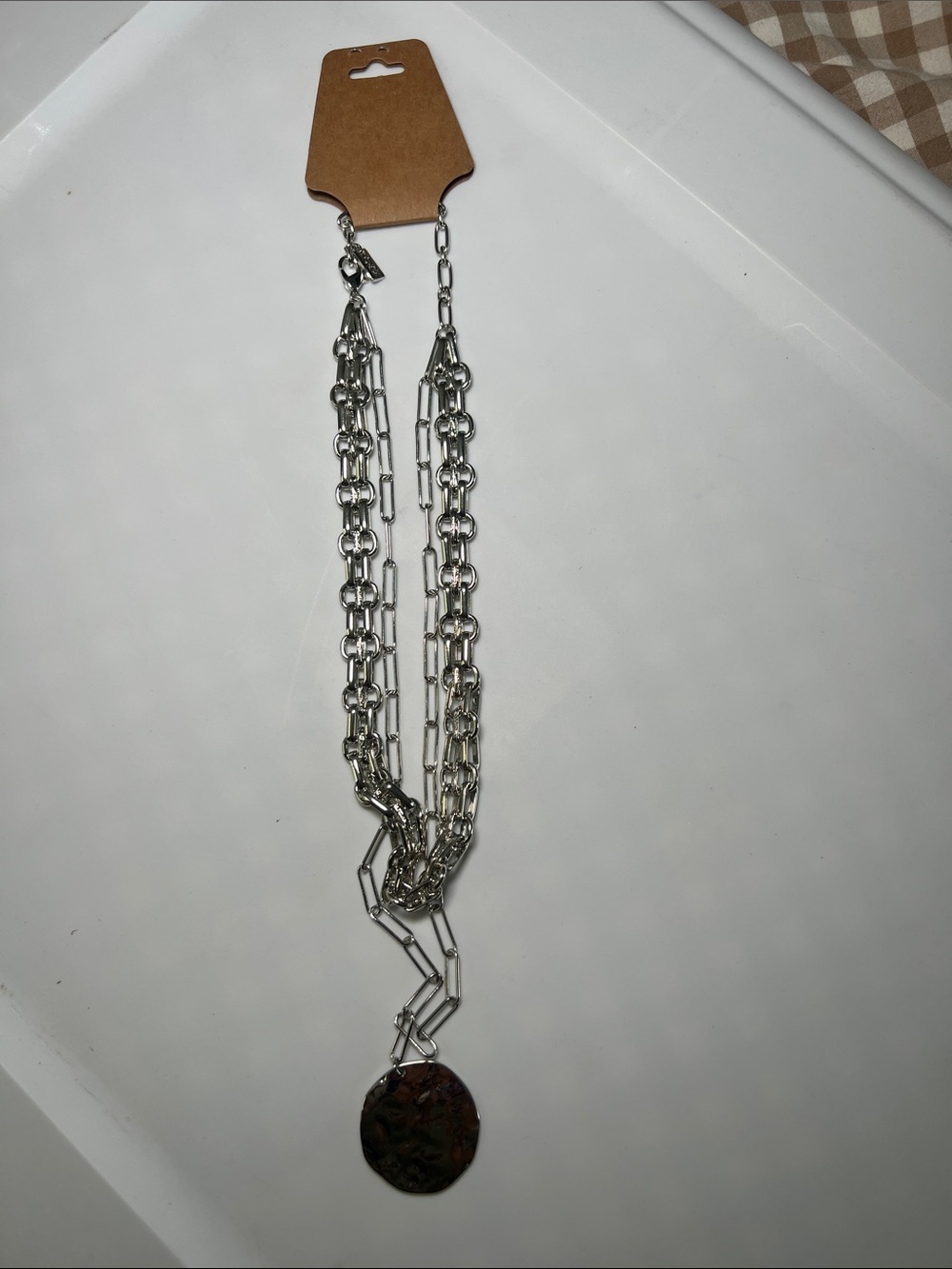 Silver Multi-Chain Pendant Necklace with Hammered Disc
